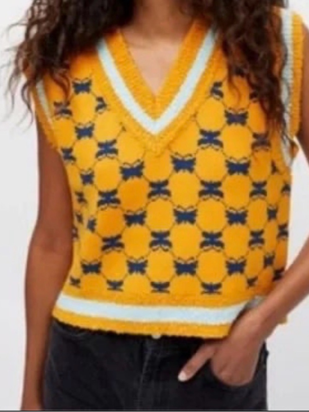 Yellow Knit V-Neck Sweater Vest with Black Pattern